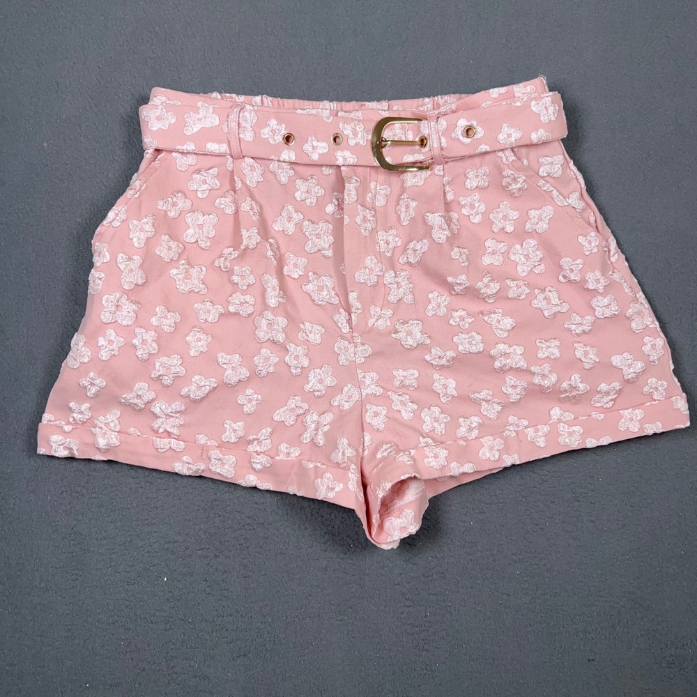 SHEIN Shorts Women L Pink Floral Jacquard Belted High Waist Textured Cuffed